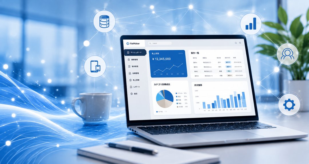 Claris FileMaker カスタム App の画面例。ダッシュボードで売上状況と案件一覧を表示している